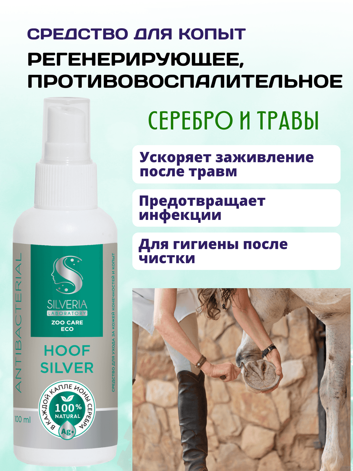 Hoof silver противовоспалительный, регенерирующий спрей для копыт